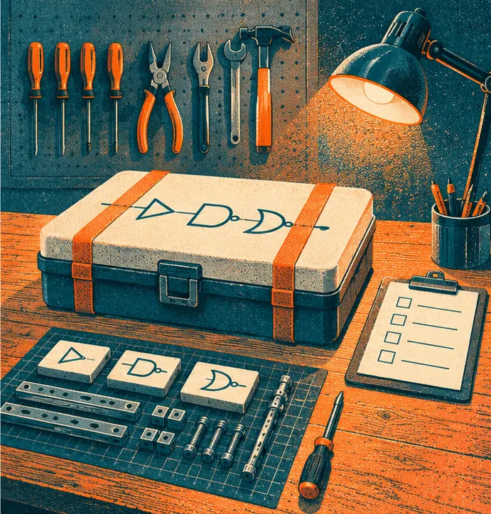 On a workbench sits a neatly packed, sealed kit with a checklist clipboard beside it; an inspection lamp is on and the tools are laid out but not yet used.