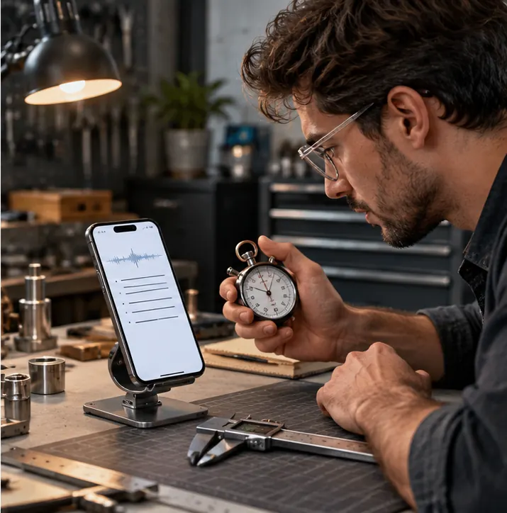 An engineer at a workbench measures the phone on a stand with a stopwatch.