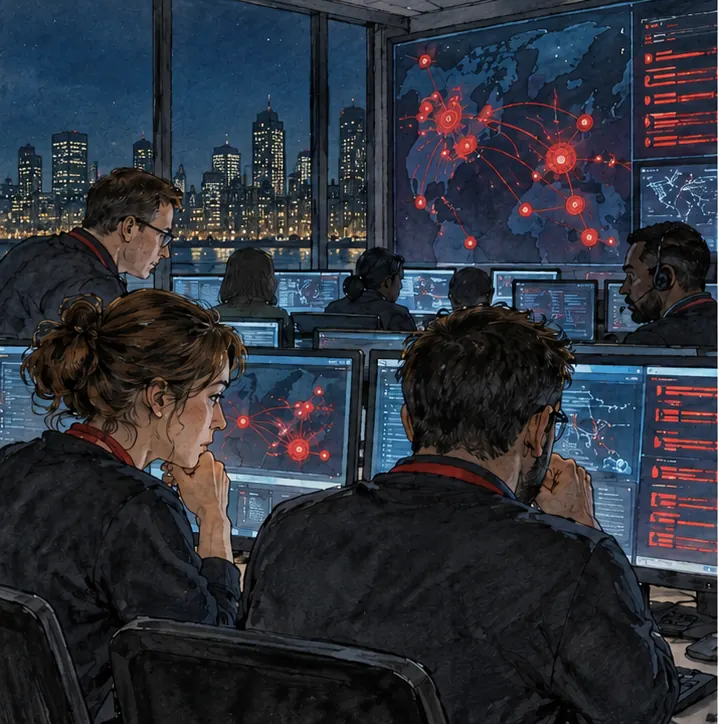 A government cyber-defence operations room at night, analysts at screens showing an intrusion alert as abstract red shapes.