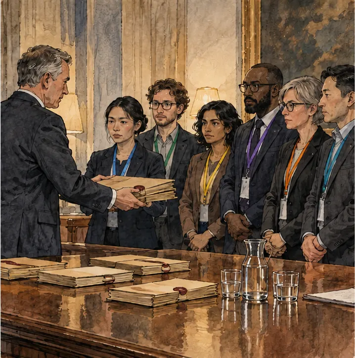 A senior official hands sealed folders to representatives of several AI labs and of five allied agencies, each wearing a differently coloured lanyard.
