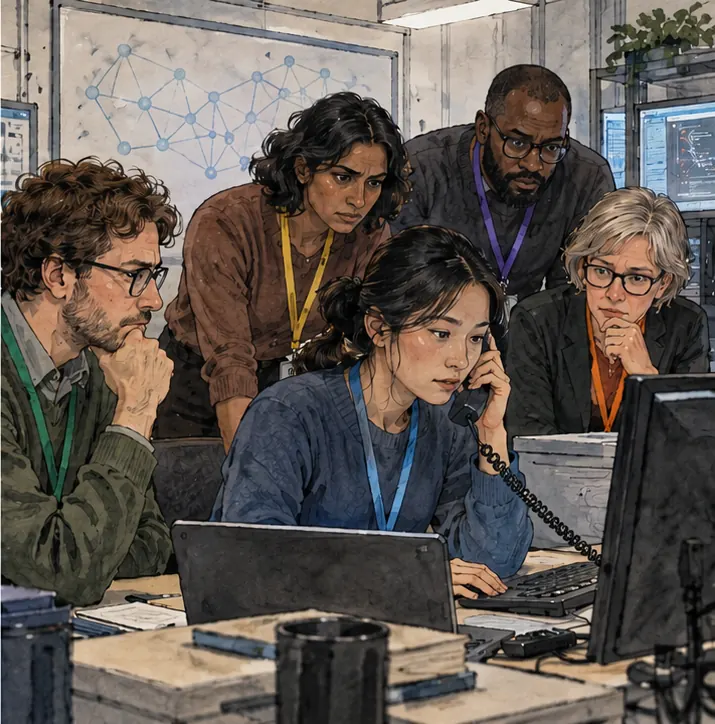 In an AI lab, a team about to start testing a model pauses while one member makes a call on a direct line to the agency.