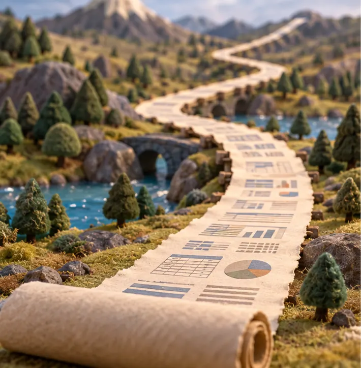 An extremely long scroll of document pages stretches away into the distance.