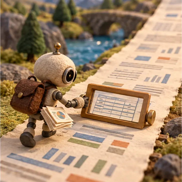 A reader robot with a small fixed-size backpack walks along the scroll, reading through a sliding window frame and carrying only a few pages at a time.
