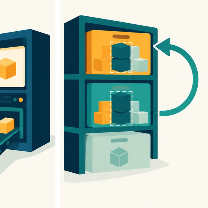 Identical blocks are shared between two neighbouring versions on the shelf, and an arrow loops back to the earlier version.
