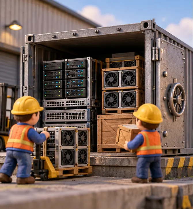 Crates of AI chips and networking equipment are sealed inside a separate vault-like container on a loading dock.
