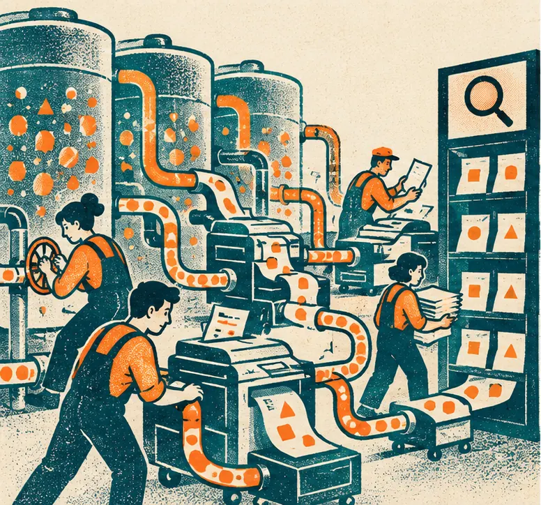 Workers juggle many pipes and copying machines shuttling data from live data tanks into a separate search cabinet.