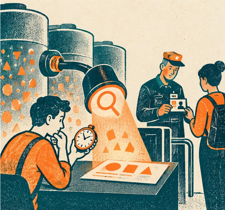 A person checks a clock beside the lamp's result, and a gatekeeper checks badges at the tanks.