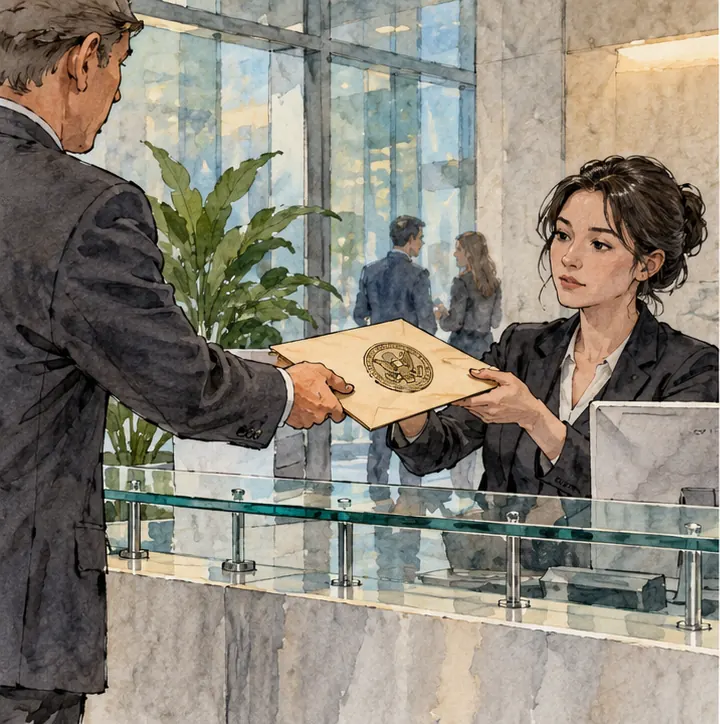 A formal envelope with an official seal arrives at the glass front desk of a technology company.