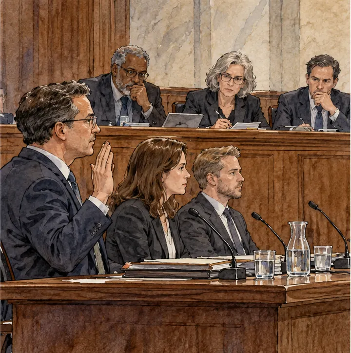 Company executives sit at a witness table facing a panel of government investigators, one with a hand raised to take an oath.