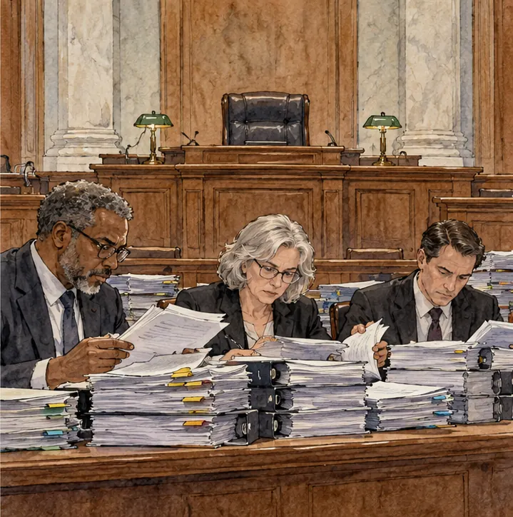 Investigators review tall stacks of company safety documents; behind them the judge's bench stands empty, no verdict.