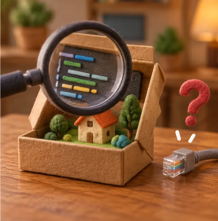 A magnifying glass hovers over the open box of code, and a question mark hangs over a network cable lying beside it.
