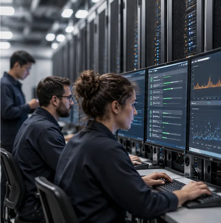 Engineers run through test checklists at screens along the cabinet row, results still pending.