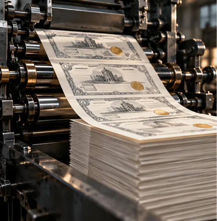 A printing press turns out sheets of share certificates, the stack growing tall.