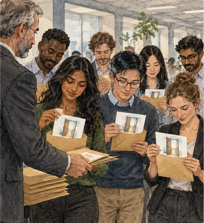 Employees are handed envelopes; inside each is a small picture of an open door.