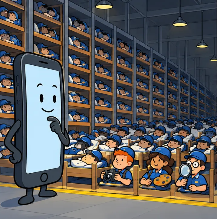 A phone stands in front of a large warehouse of tiny specialist workers, only a few of them awake.