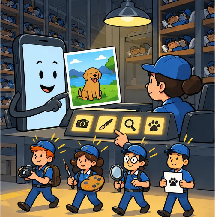 A dispatcher looks at an incoming photo and wakes the next few specialists early, bringing them forward before they are needed.