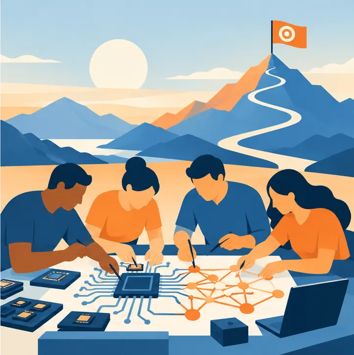 The combined team works at one shared bench designing chip and network together, while far away on the horizon a huge target flag stands, not yet reached.