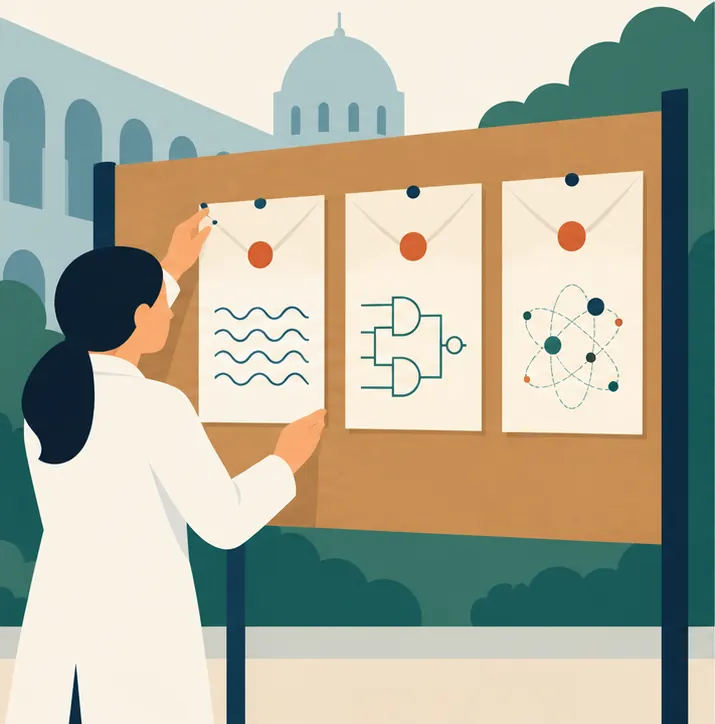 A researcher pins three sealed proofs to a public board: one drawn as wave patterns, one as a logic circuit, one as particle diagrams.