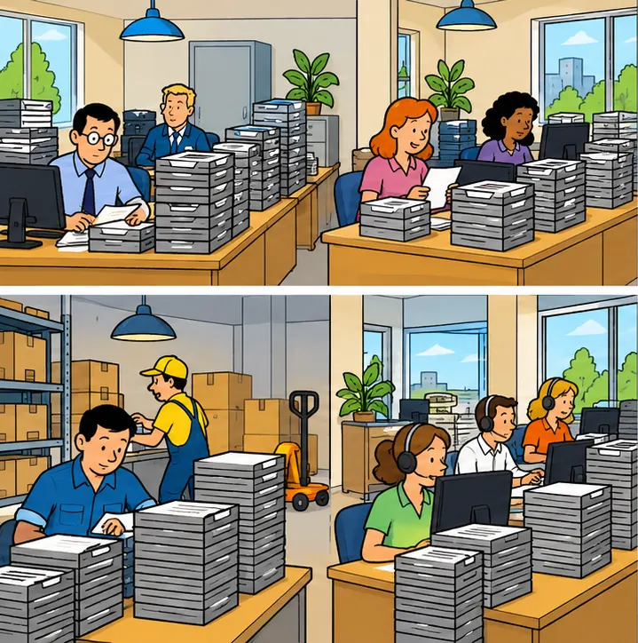 A large office with four departments, finance, people, warehouse and customer service, each with tall queues of work trays.