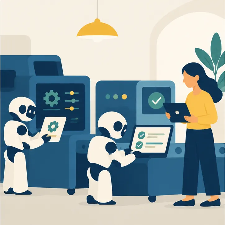 Agent robots take cards and configure, test and adjust machines, and a person reviews and approves their setup.