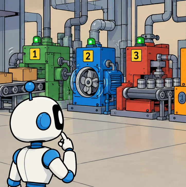 A coding robot faces a tangle of running machines, each attached to a numbered port.