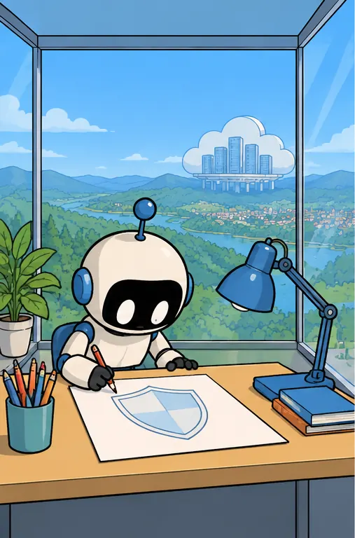 A small robot in a glass-walled room sits at a desk drafting a protective shield emblem on paper.