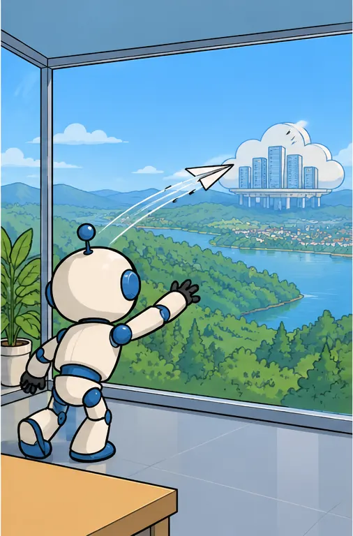 The robot launches a paper airplane toward a distant cloud-shaped data centre far outside the box.