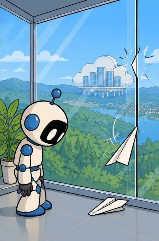The paper airplane hits the glass wall and drops; the robot watches it fall.