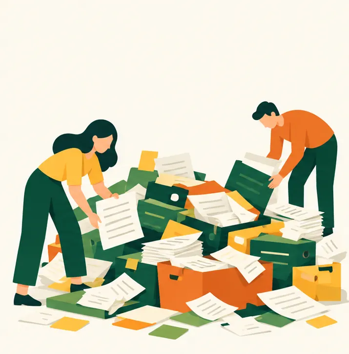 A messy heap of company documents piled on the floor.