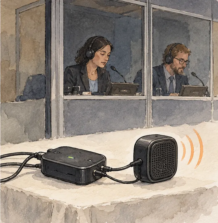 A separate voice box is plugged into the translating machine to give it a voice, beside a professional interpreter's booth for comparison.