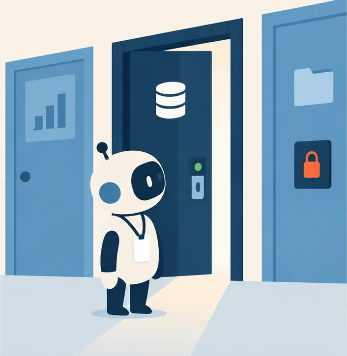 A robot agent with a badge stopped at a locked door to a data room, only certain doors open to it