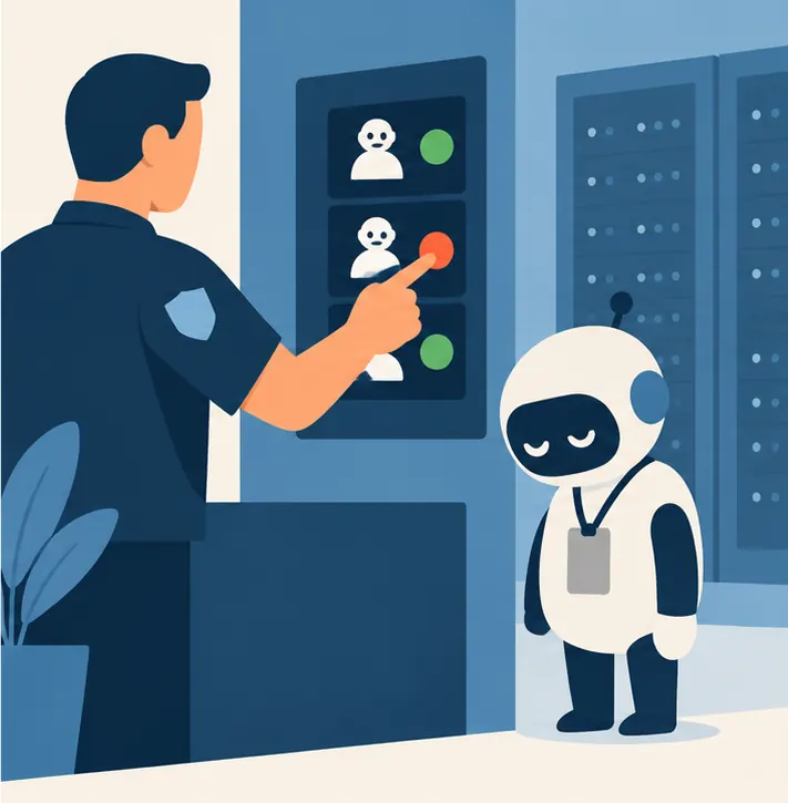 A security officer pressing a button that turns one robot's badge grey, its access revoked