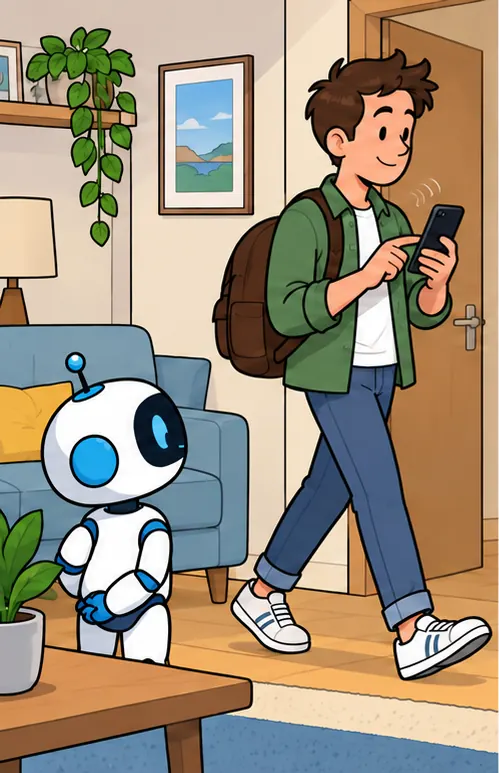 A person closing a chat on their phone and walking away