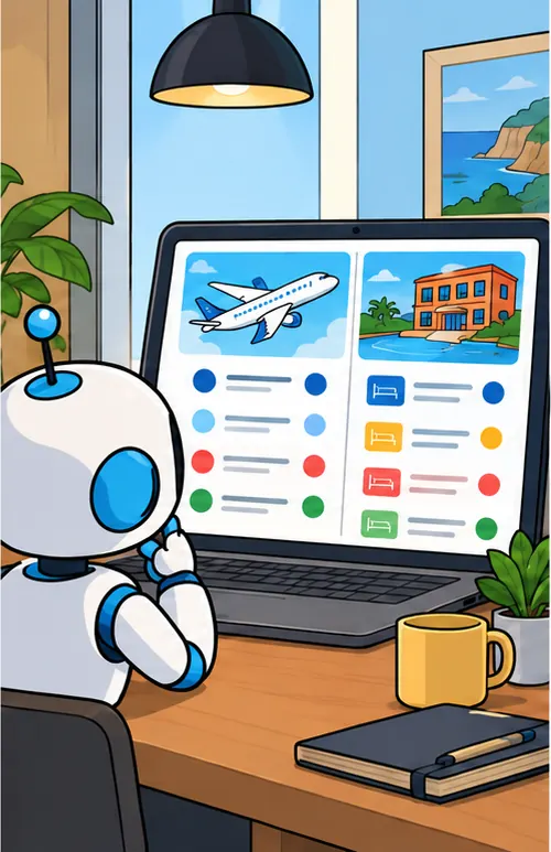 A small assistant character staying behind, watching a flight and hotel price board