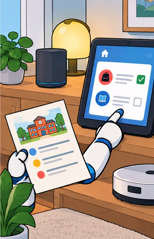 The assistant turning a school notice into a neat to-do card on a home screen beside smart home devices