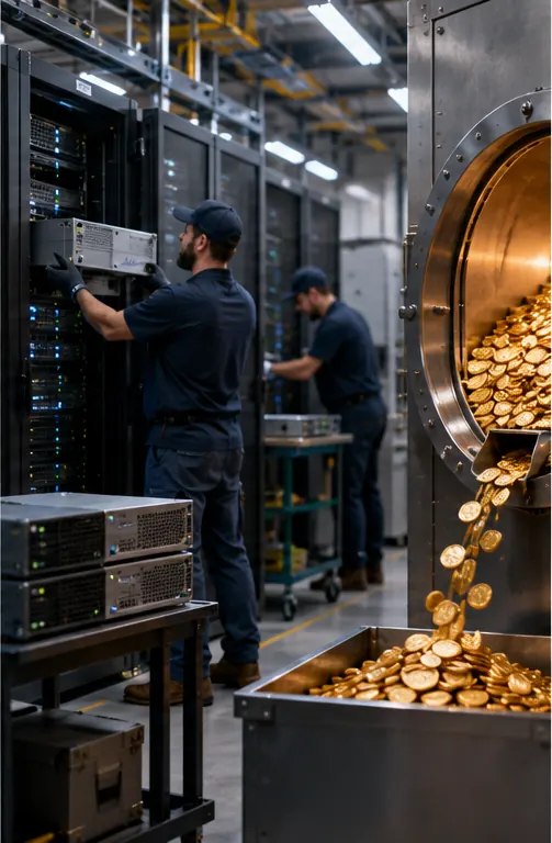 Workers installing new server equipment while a modest stream of coins still flows back into a full vault