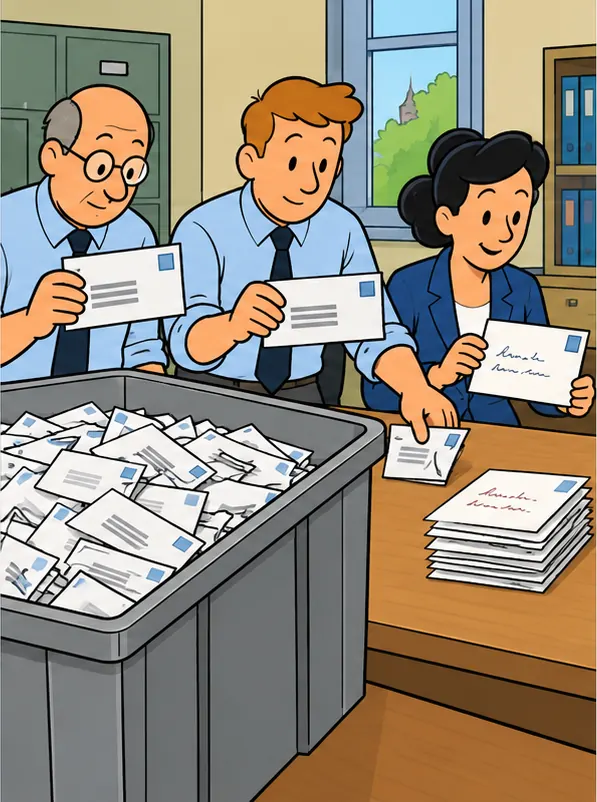 Officials sifting the pile and setting the machine-made envelopes aside in a large bin