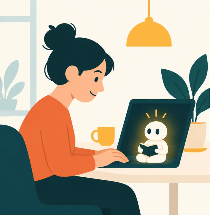 A person at home browsing on a laptop, a small glowing model sitting inside the laptop