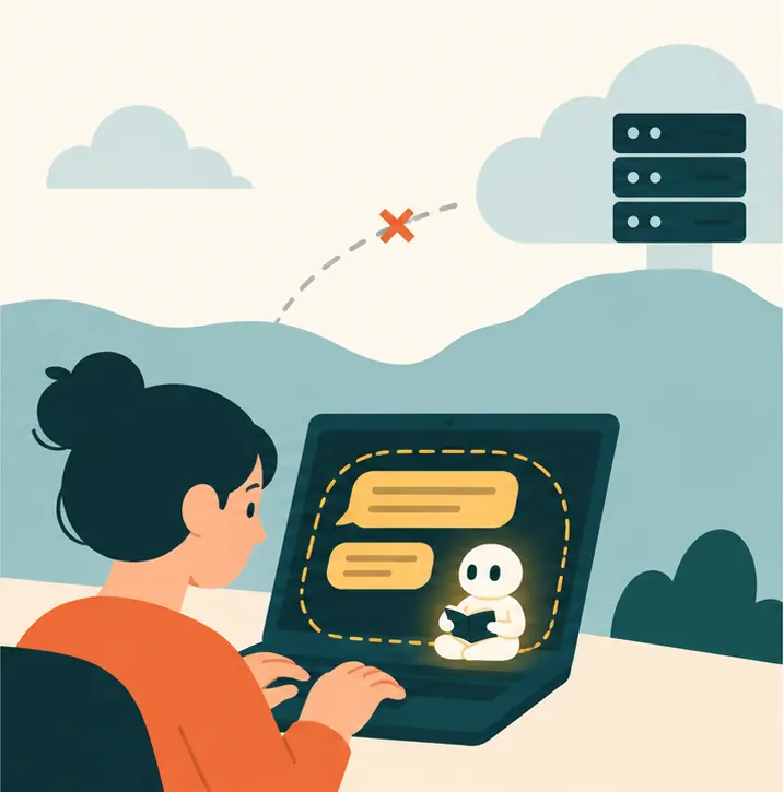 The person's typed words staying inside the laptop while a distant server in the clouds receives nothing