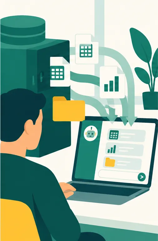 Approved business files and spreadsheet icons flowing out of a secure database cabinet into the chat window