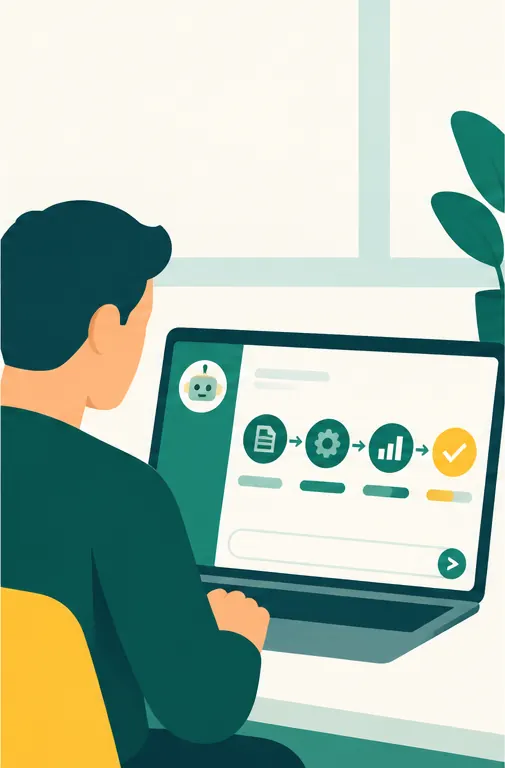 The worker watching a business workflow of connected steps run on screen