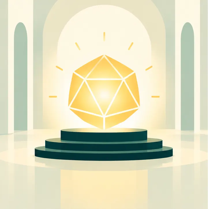 A glowing new AI model core is unveiled on a pedestal in a bright, empty hall