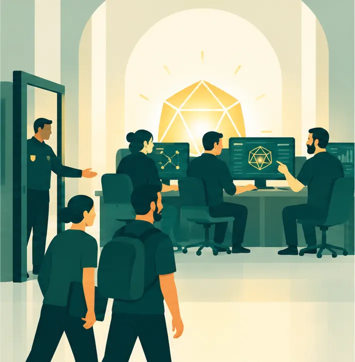 A small group of security analysts at monitors are let through a gate first to work with the glowing core