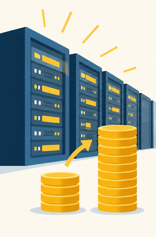A rack of cloud servers glowing brightly as a pile of coins beside it doubles in height