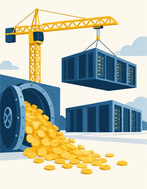 A huge construction crane lowering new server halls into place while a stream of coins pours out of a vault to pay for it