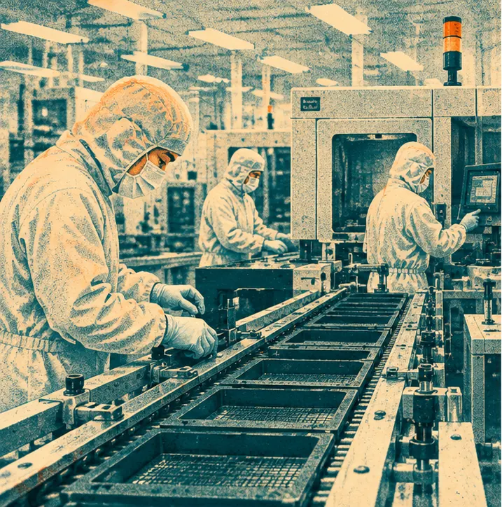Technicians in clean-room suits in a Chinese memory factory prepare a production line that is not yet running