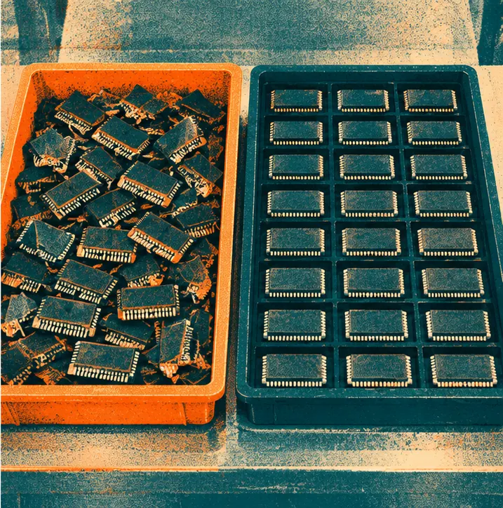 Side by side, a second tray where most of the chips pass inspection, showing the gap between the two