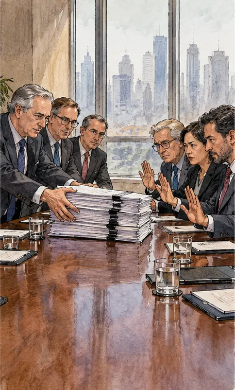 Bankers at a long table slide a heavy stack of loan papers toward wary investors, who push back for a better price