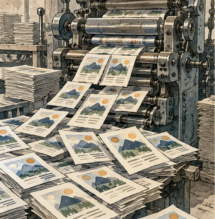 A machine stamping out many slightly different copies of the same leaflet