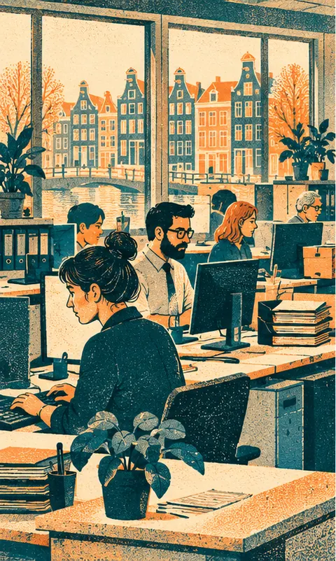 Rows of civil servants at desks in a Dutch government office, a canal-house street visible through the window